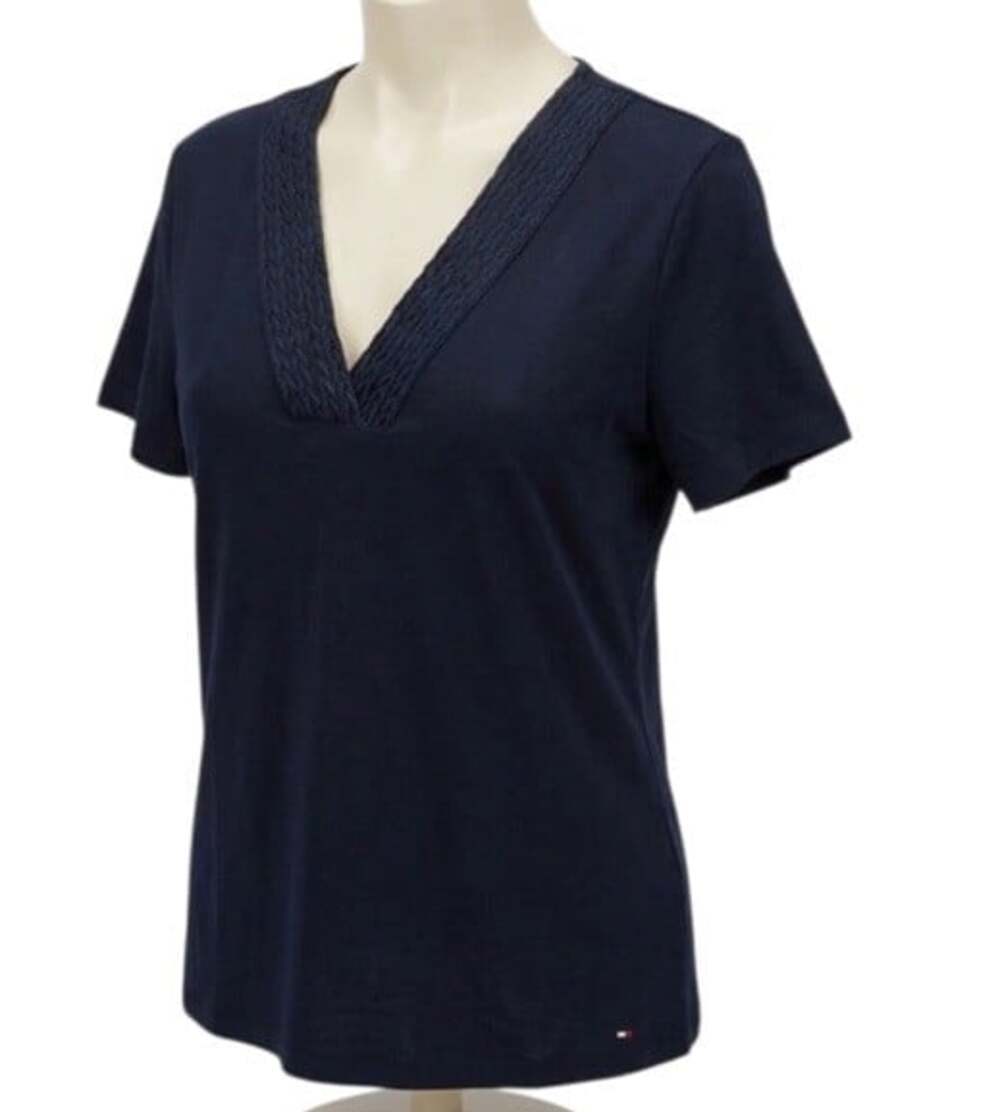 Tommy Hilfiger Women's V-Neck Top Navy Braided Trim Size Large NWT MSRP 59.50